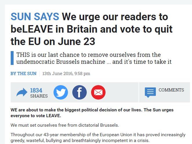 "Это было противно, цинично, оскорбительно". Издание The Sun призвало британцев проголосовать за выход страны из ЕС