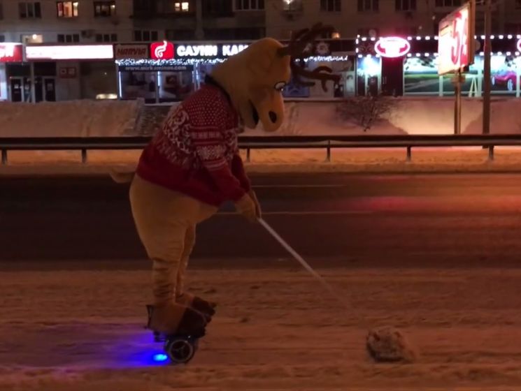 В Киеве дорогу от снега убирал олень на гироборде. Видео