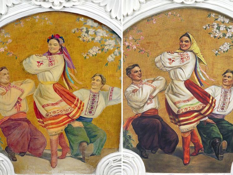 В московском метро заявили, что на оригинальной фреске на станции "Киевская" украинка была не с венком, а с платком