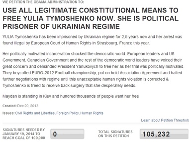 Петиция об освобождении Тимошенко собрала необходимые 100 тысяч подписей