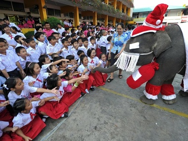 В Таиланде слоны, наряженные Санта-Клаусами, принесли подарки детям. Видео