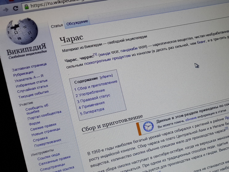 Роскомнадзор поручил интернет-провайдерам заблокировать статью "Википедии" о наркотике чарас