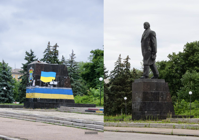 Памятник Ленину в Краматорске. Год назад и сейчас. Фото: Артем Гетьман