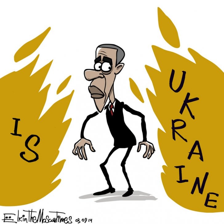 Обама между двух огней. Карикатура: themoscowtimes.com 