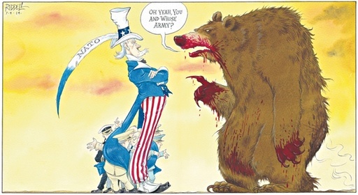 Карикатуристы все чаще изображают российскую сторону в виде громадного несмышленого, но грозного медведя. Карикатура: theguardian.com