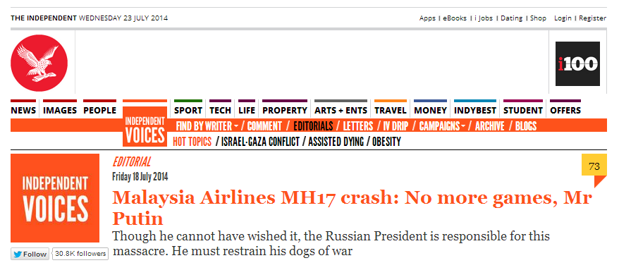 "Катастрофа МН-17: Игры окончены, господин Путин" Скриншот: The Independent