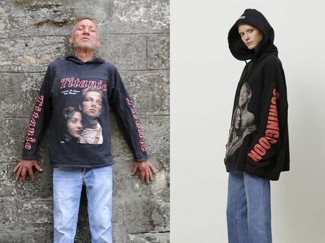 Ліворуч на фото герой проєкту Slavik's fashion, львівський безпритульний Славік, на знімку праворуч модель, яка демонструє одяг від Vetements