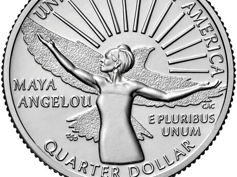 На реверсе 25-центовой монеты изображена Энджелоу с поднятыми руками