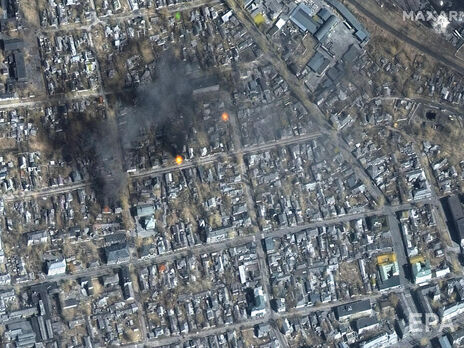 Спутниковый снимок компании Maxar Technologies за 14 марта, на котором изображены повреждения Мариуполя после обстрела оккупантов