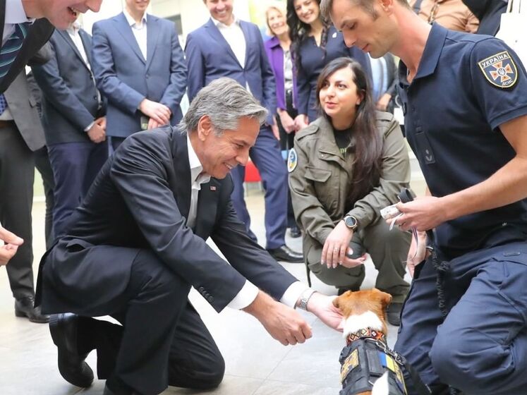 Блинкен и Патрон посетили Охмадет. Госсекретарь назвал пса-сапера самым известным псом в мире, а тот "помял" ему пиджак. Фото, видео