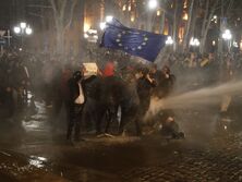 В Тбилиси начались стычки вокруг парламента. Полиция применила водометы, есть пострадавшие. Митингующие перевернули полицейскую машину. Видео