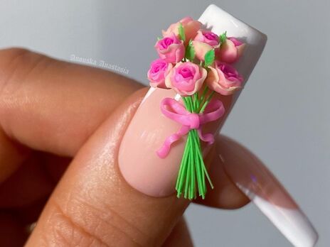 Со стеблями, листьями и целыми букетами. Маникюр с 3D-цветами