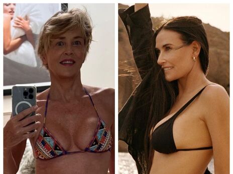Как выглядят в почти одинаковых трендовых бикини 60-летняя Деми Мур и 65-летняя Шэрон Стоун. Фото