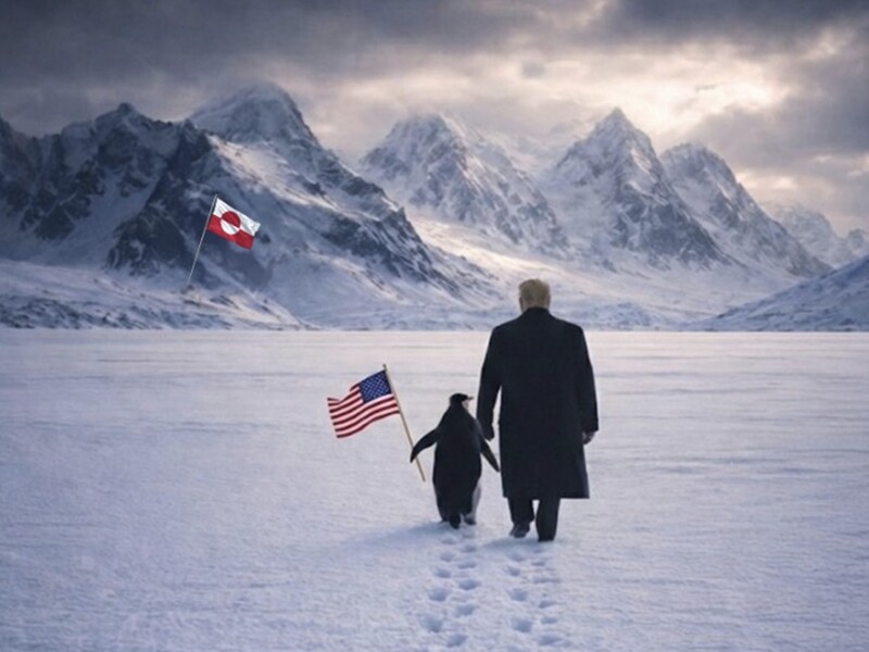 "Полный идиот". Белый дом опубликовал картинку с Трампом и пингвином в Гренландии. В соцсети его высмеяли