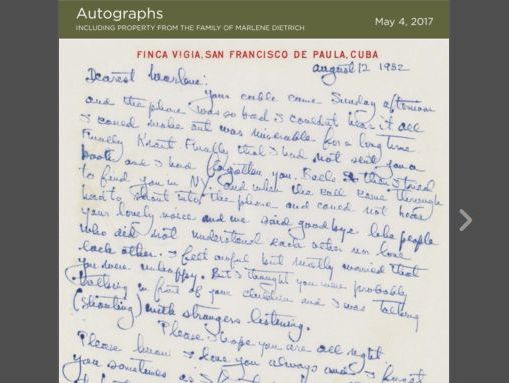 Любовного листа Гемінґвея Дітріх продадуть на аукціоні в Нью-Йорку