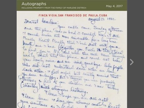 Любовное письмо Хемингуэя Дитрих продадут на аукционе в Нью-Йорке