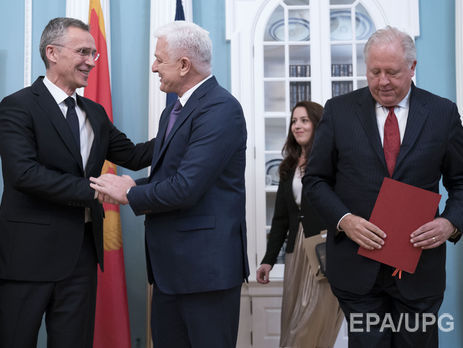 Столтенберг, Маркович и Шеннон на церемонии вступления Черногории в НАТО в Госдепе США
