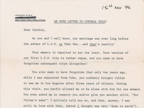 Письмо Леннона бывшей жене выставлено на торги