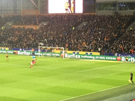 ﻿Англійські фанати зупинили футбольний матч, закидавши поле тенісними м'ячами. Відео