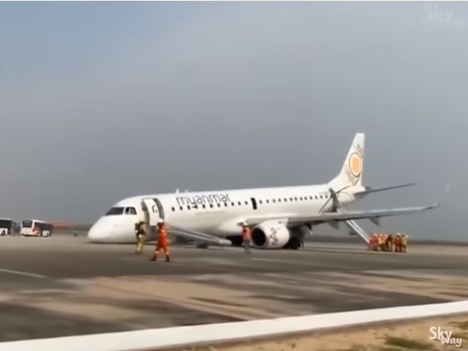 В Мьянме пилот самолета Embraer 190 совершил аварийную посадку без носовой стойки шасси. Видео