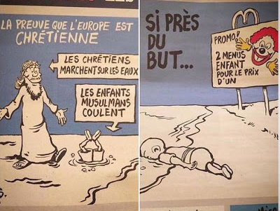 Новый номер Charlie Hebdo вышел с карикатурами на утонувшего сирийского мальчика