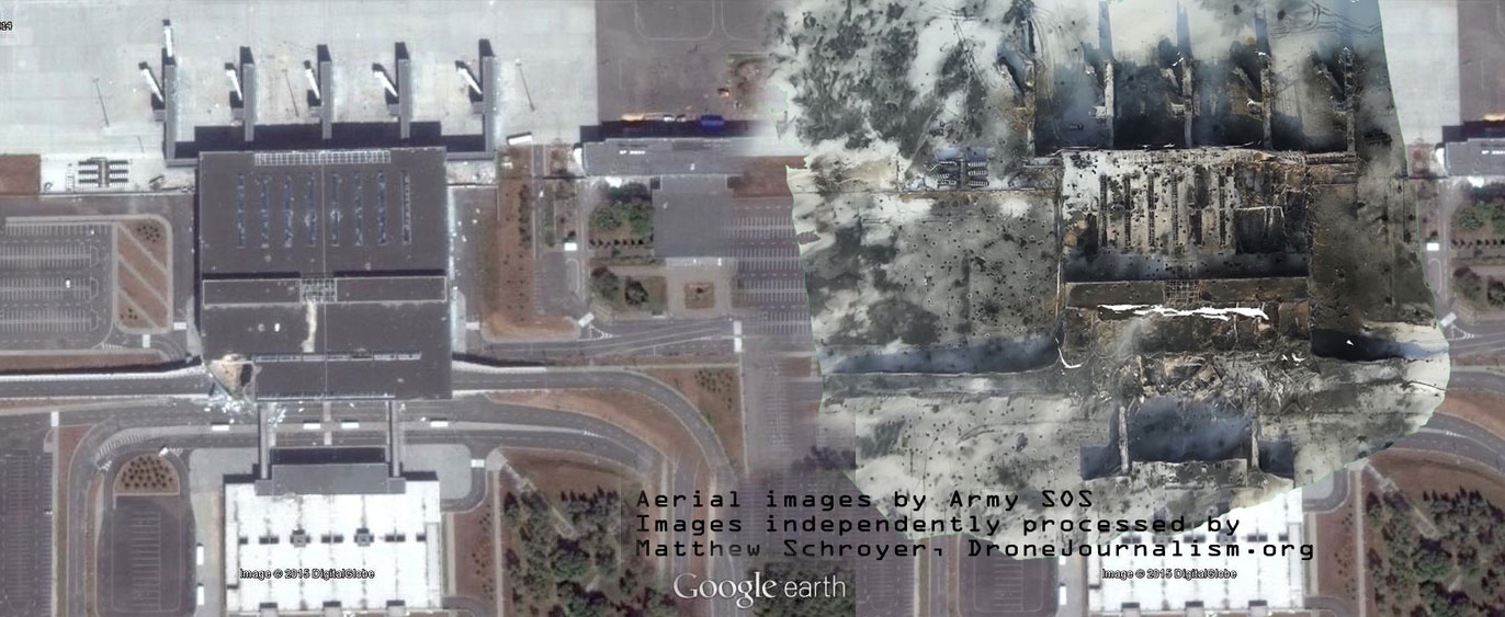 Аэросъемка аэропорта, сделанная с помощью дрона, наложена на спутниковый снимок нового терминала из сервиса GoogleEarth и демонстрирует масштаб разрушений аэропорта