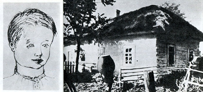 Автопортрет "Сашко" (слева) и дом, где родился Довженко (справа)