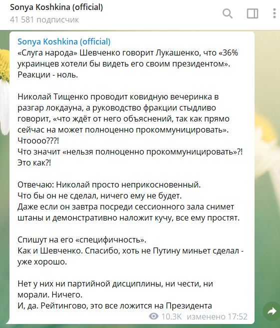 Скріншот: Sonya Koshkina (official) / Telegram
