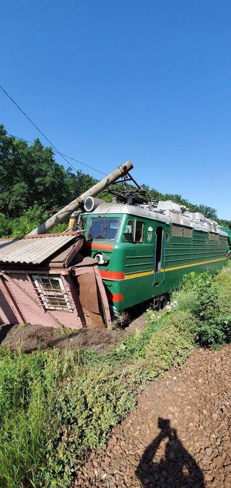 ﻿У Кіровоградській області з рейок зійшов вантажний потяг: він врізався в залізничну будку і повалив стовп. Фоторепортаж 1