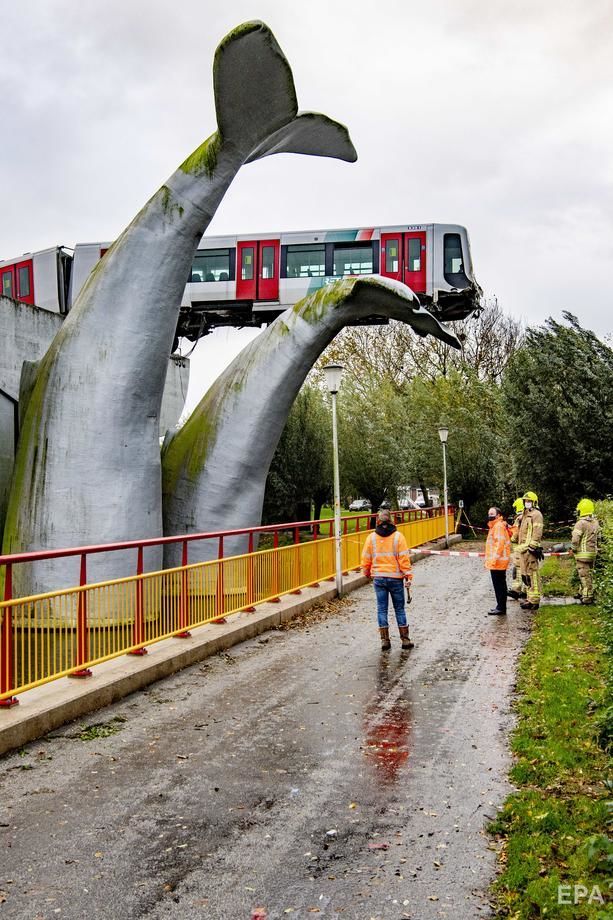 В Нидерландах с рельсов сошел поезд. Скульптура кита предотвратила его падение с 10-метровой высоты. Фоторепортаж 2
