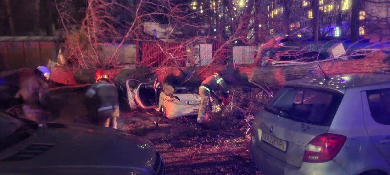 В Киеве ветер повалил массивное дерево и столб на автомобили. Погиб человек, десяток авто повреждены. Фоторепортаж 11