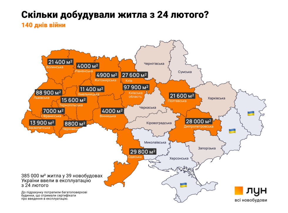 Після відкритого вторгнення РФ в Україну найбільше житла здали у Київській та Львівській областях. Інфографіка 1